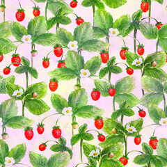 Summer pattern. Watercolor hand drawn seamless texture with growing strawberry