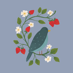 Ilustração de pássaro azul com flor e morango.