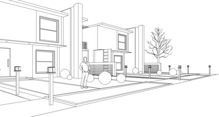 Fototapeta na wymiar townhouse architectural sketch 3d illustration