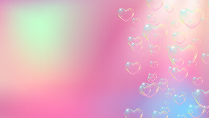 Cute pink background with rainbow colored heart-shaped soap bubbles for Valentine card. Vector