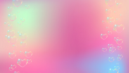 Delicate background with rainbow colored heart-shaped soap bubbles for Valentine card. Vector illustration