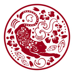 The year of the Tiger round composition. Chinese zodiac character. Vector traditional ornate papercut silhouette illustration