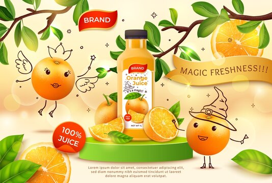 Realistic Detailed 3d Orange Juice Plastic Bottle with Cute Mascots Ads Banner Concept Poster Card. Vector illustration of Beverage Citrus Fruit