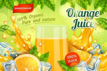Realistic Detailed 3d Orange Juice Glass Cup Ads Banner Concept Poster Card. Vector illustration of Summer Citrus Drink