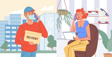 Vector flat cartoon characters,delivery service workflow in viral infection pandemic-courier carries package,talking to customer on mobile phone.Coronavirus protection,covid prevention,social concept
