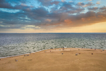Aerial landscape of the beach on Hel Peninsula at sunset. Poland.