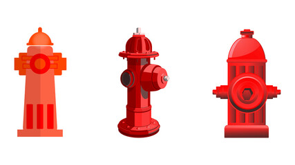 Fire hydrant flat vector icon set. Red fire hydrant. Set of 3 vector icons