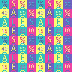 Fototapeta na wymiar Pattern bag sale buy on colorful background. Marketing vector icon. Online shopping banner. Online store. Season promotion illustration.