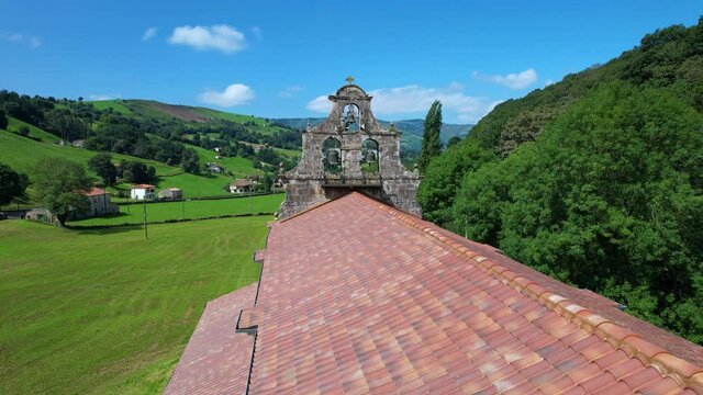 Aerial view of the Sanctuary of Our Lady of Valvanuz in the municipality of Selaya in the Valles Pasiegos. Cantabria, Spain, Europe