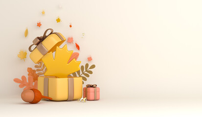 Autumn background with maple leaves gift box acorn, copy space text, 3D rendering illustration