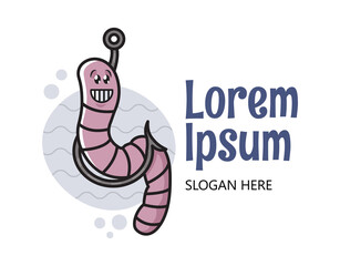Fototapeta premium Funny cute cartoon worm hanging from a fishing hook. Fishing concept in cartoon style. Fishing day mascot.