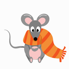 gray mouse with big ears in a warm orange-red scarf
