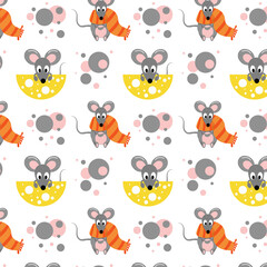 seamless pattern of gray mice with a slice of delicious cheese