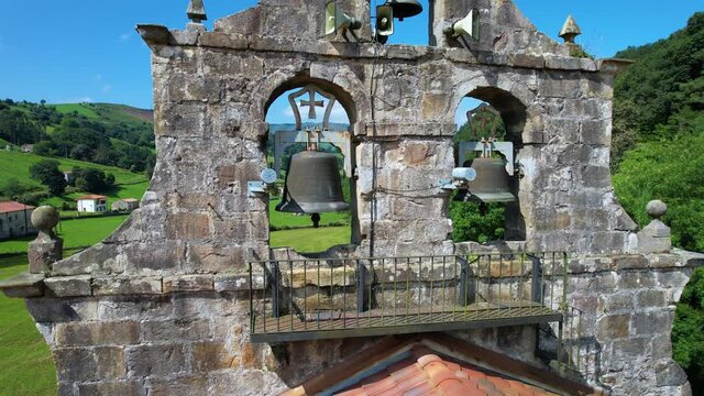 Aerial view of the Sanctuary of Our Lady of Valvanuz in the municipality of Selaya in the Valles Pasiegos. Cantabria, Spain, Europe