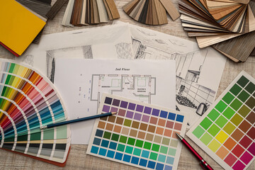 house drawing with color swatches, pencil for renovation