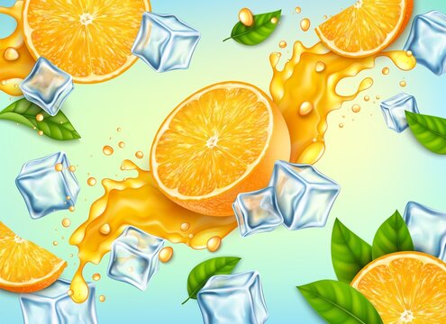 Realistic Detailed 3d Half Fresh Orange with Splash Juice Background Freshness Drink Concept. Vector illustration of Pieces Citrus Fruit Beverage with Ice Cubes