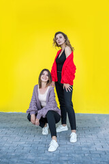 fashionable two young european women posing in knitted sweaters isolated on yellow background