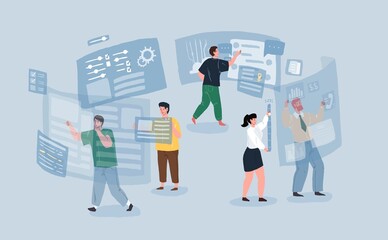 Vector flat cartoon characters team work metaphor.Successful company of startup business employees working harmoniously on transparent screens-workflow symbol,web page banner online design concept