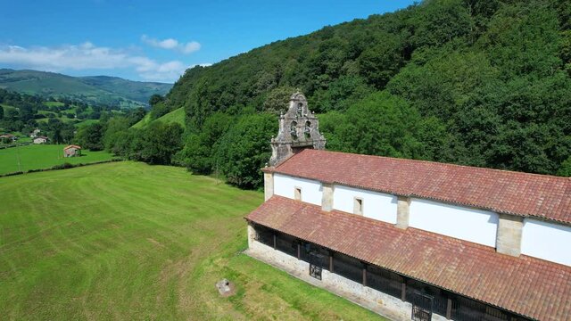 Aerial view of the Sanctuary of Our Lady of Valvanuz in the municipality of Selaya in the Valles Pasiegos. Cantabria, Spain, Europe