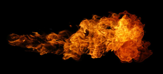 Fire and burning flame of explosive fireball isolated on dark background for graphic design