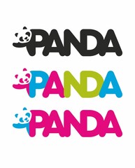 Picture with a funny panda. Set of multicolored vector logos with panda. Logo for shop, cafe, art space, school, kindergarten, web. Children's illustration.