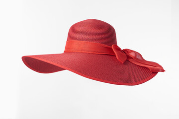 Fototapeta Vintage Panama hat, Woman hat isolated on white background, Women's beach hat, red hat. obraz