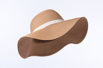 Vintage Panama hat, Womens summer yellow straw hat with the white ribbon isolated on white background. - Powered by Adobe