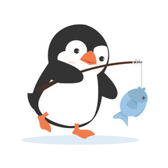  penguin fisherman caught fish vector