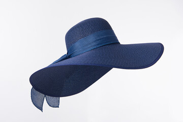 Vintage Panama hat, Woman hat isolated on white background, Women's beach hat, Blue hat. - obrazy, fototapety, plakaty