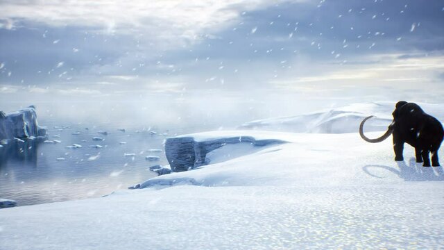 A huge mammoth is walking along a snow-covered glacier. Huge high glaciers in winter natural conditions. Arctic winter landscape. Animation is perfect for historical, natural and animal backgrounds.