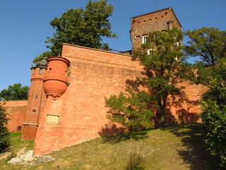 Czerwony mur przy średniowiecznym zamku w Krakowie, Polska 