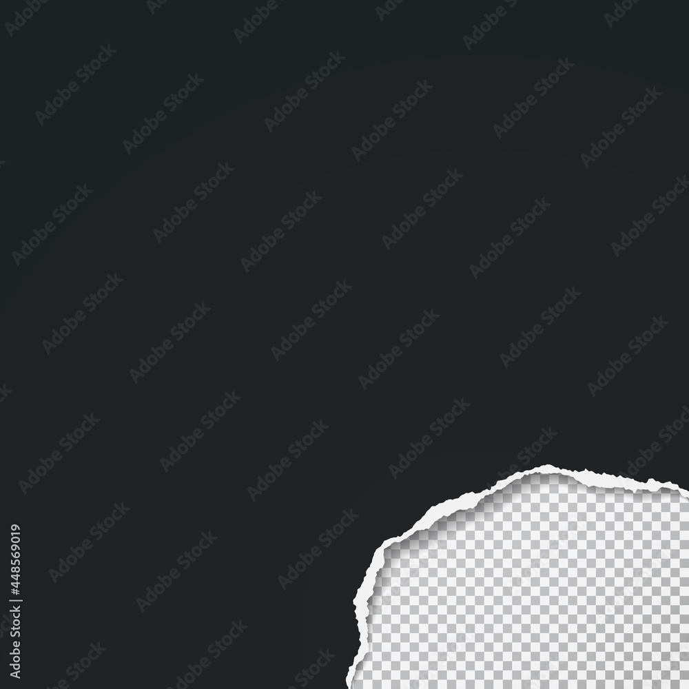 Poster black hole composition in paper with torn edges and soft shadow is on squared background. vector ill