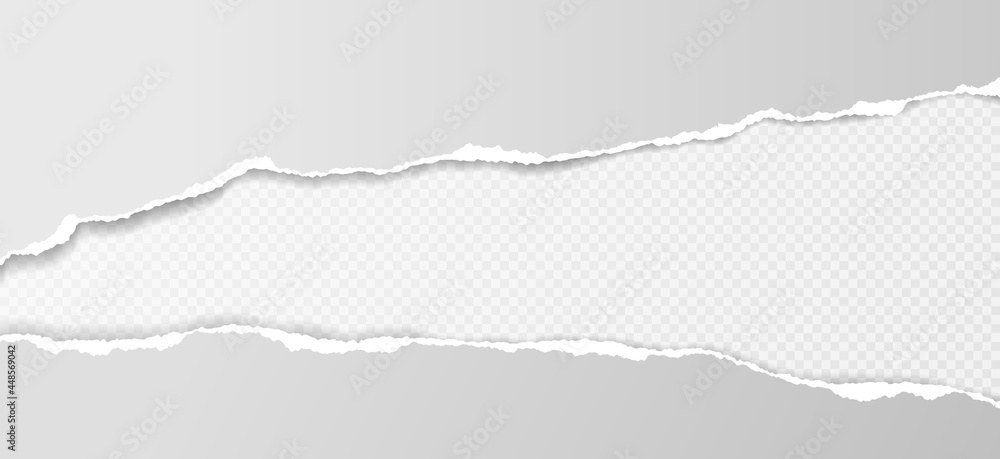Poster torn, ripped horizontal white paper strips with soft shadow are on squared background for text. vect