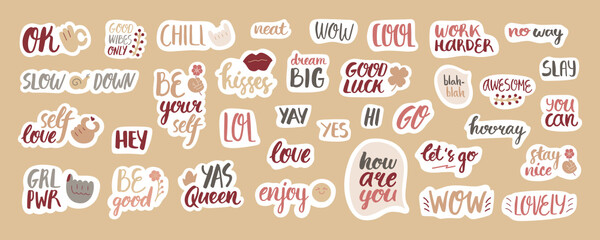 Collection of stickers with frequently used words and phrases. Set of lettering for weekly or daily planner,  scheduler, organizer and diaries. Cute signs and symbols in red, golden and gray colors.