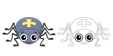 Coloring Insect for children coloring book. Funny spider in a cartoon style. Trace the dots and color the picture