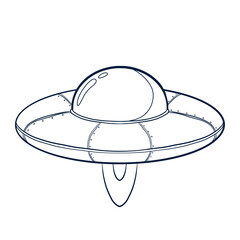 Line Art Spacecraft Illustration. Hand drawn spaceship icon. UFO sketch template for logo, emblem, Web design, Print, Sticker, Card