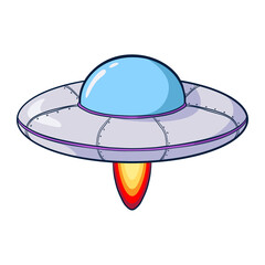 Flying Saucer Cartoon Illustration. Hand drawn spacecraft icon for logo, emblem, Web design, nursery decor, Print, Sticker, Card