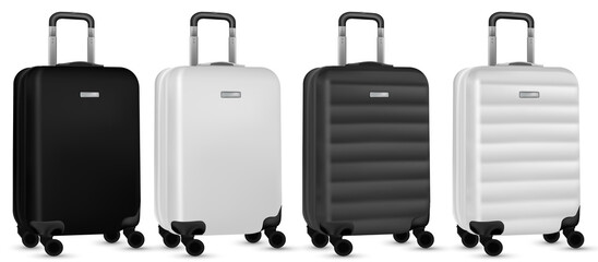 Travel suitcase isolated. Set of silver plastic luggage or vacation baggage bag on white background. Design of summer vacation holiday concept.
