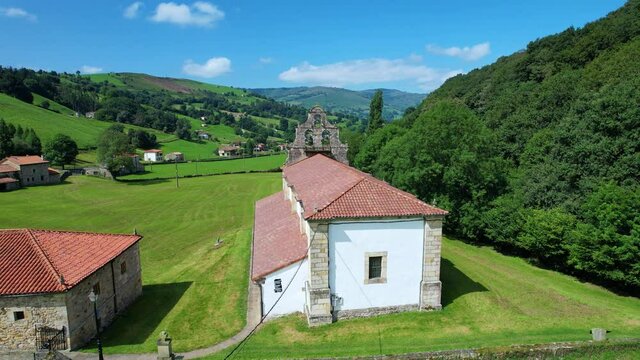 Aerial view of the Sanctuary of Our Lady of Valvanuz in the municipality of Selaya in the Valles Pasiegos. Cantabria, Spain, Europe