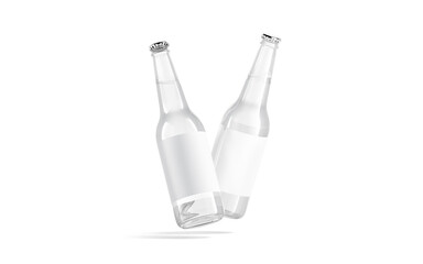 Blank white glass beer bottle with label mockup, no gravity