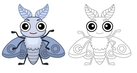 Coloring Insect for children coloring book. Funny moth in a cartoon style. Trace the dots and color the picture