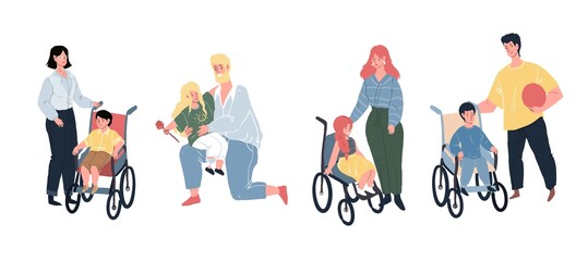 Vector cartoon flat characters,happy smiling children with disabilities,physical disorder or impairment and their loving parents-equal human rights,healthy society,social justice concept design