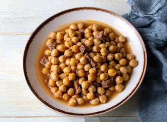 Traditional delicious Turkish foods; Turkish Food Chickpeas with Meat. Turkish name; Etli nohut