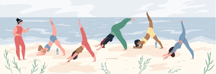 Vector flat cartoon women characters doing yoga-sports class,group of girls perform yoga poses on beach with help of trainer.Web online design-sporty life scene,healthy lifestyle,social concept
