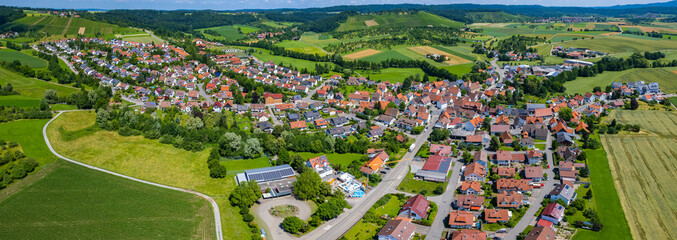 Aerial view around the village Kleinaspach in Germany. On sunny day in spring