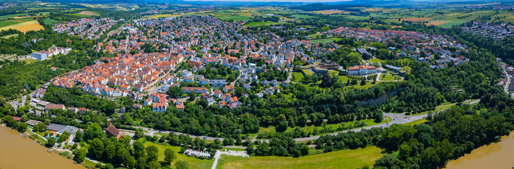 Aerial view of the old part of the town in Marbach am Neckar in Germany. On sunny day in spring. - obrazy, fototapety, plakaty