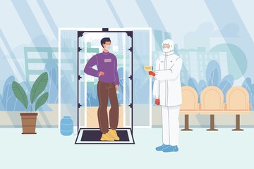Vector flat cartoon characters-doctor in protective suit measures temperature of man in mask at building entrance-coronavirus covid prevention,protection vs pandemic viral infection,medical concept