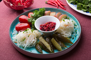 Different pickled vegetables sliced for snack on a plate