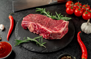 Raw marbled beef New York steak with spices on a stone background