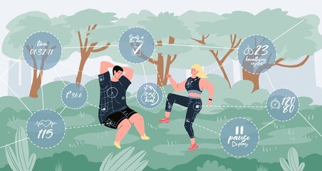 Vector flat cartoon characters doing sport activities outdoor in park,health icons indicators indicate their physical condition.Web online design-sporty life scene,healthy lifestyle,social concept
